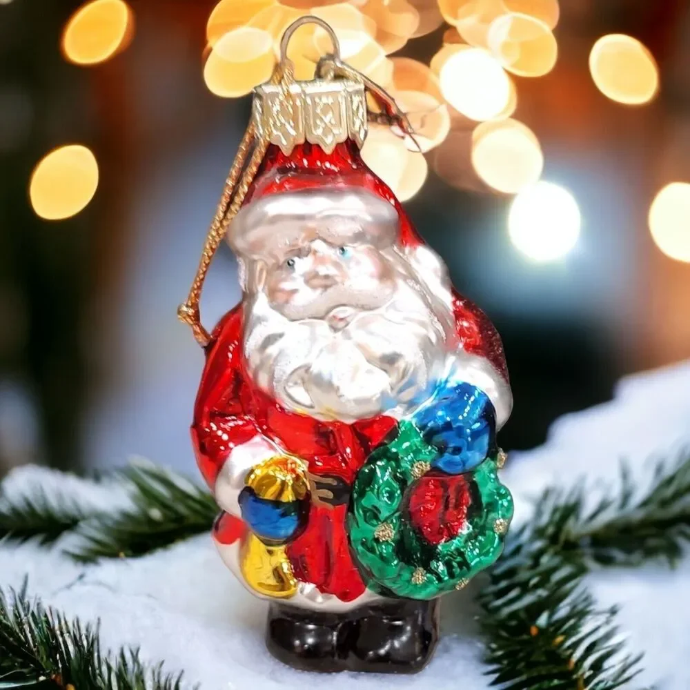 Jolly Santa Blue Gloves Horn Christmas Wreath Ornament Blown Glass Pacconi 2002